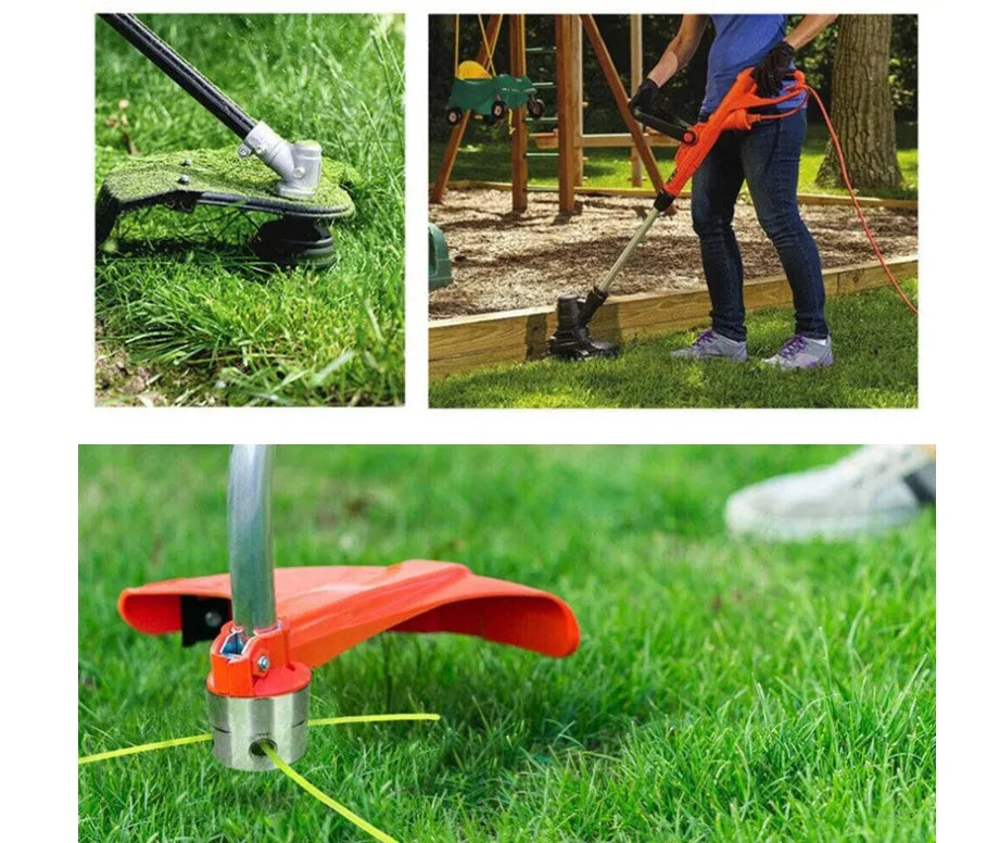 Silver aluminium lawn mower cutting head with four light yellow square grass strings and installation tools