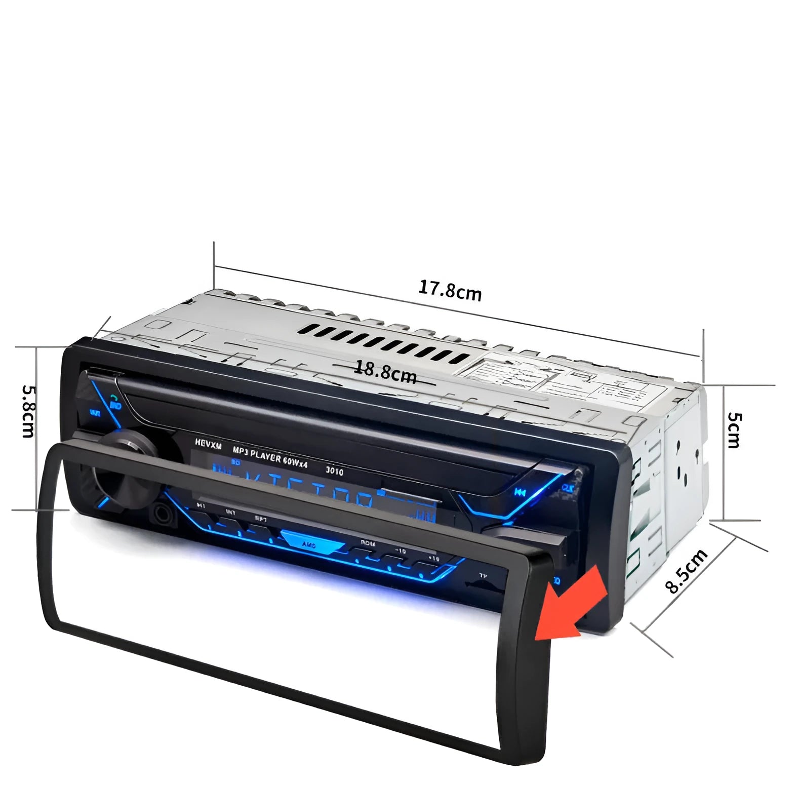 Front view of a black car stereo with LCD display, USB port, buttons, and rotary volume knob.