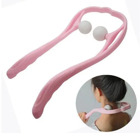 Plastic hand-held neck and shoulder massager with adjustable stand in pink, blue, or green colour.