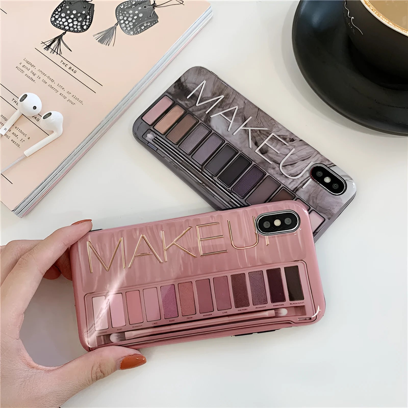 Silicone iPhone case in flesh colour with an abstract eye shadow pattern design on the back.