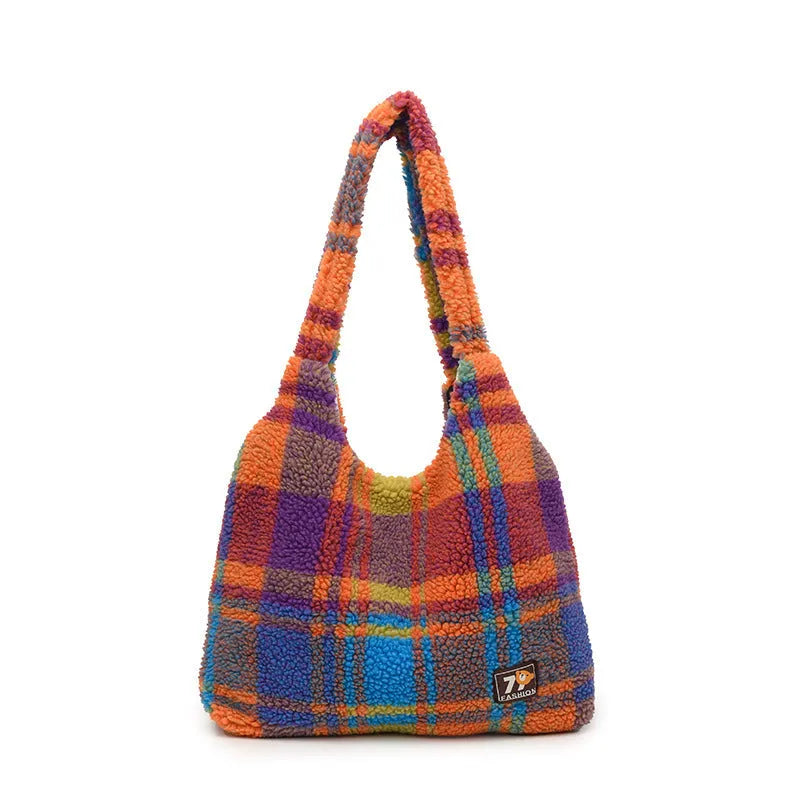 Women's soft plush plaid crossbody tote bag in army green with large capacity and internal zipper compartment