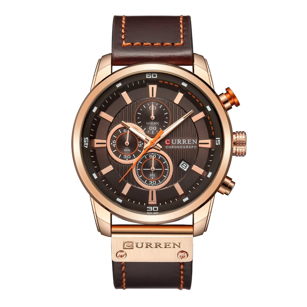 Men's waterproof quartz chronograph watch with 47mm dial, 14mm thick case, leather strap and titanium pin buckle