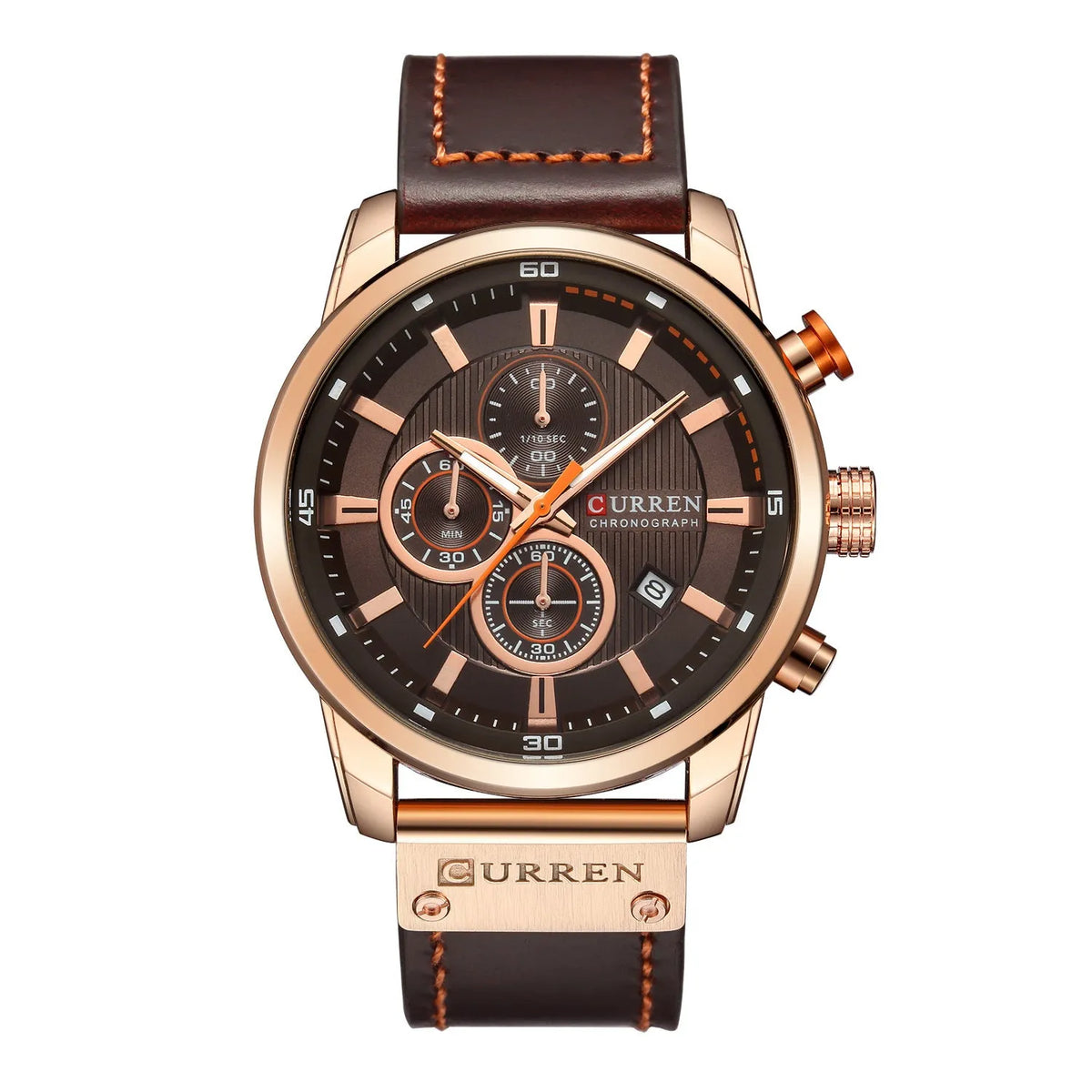 Men's waterproof quartz chronograph watch with 47mm dial, 14mm thick case, leather strap and titanium pin buckle