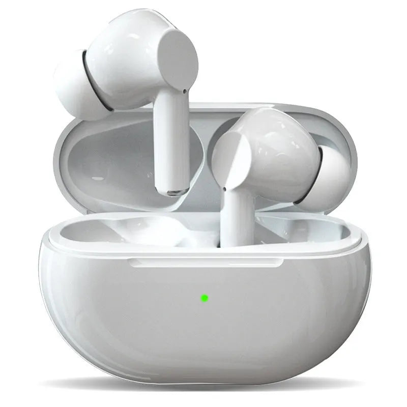 Black and white Pro4 wireless Bluetooth earbuds with a compact charging case on a white background.
