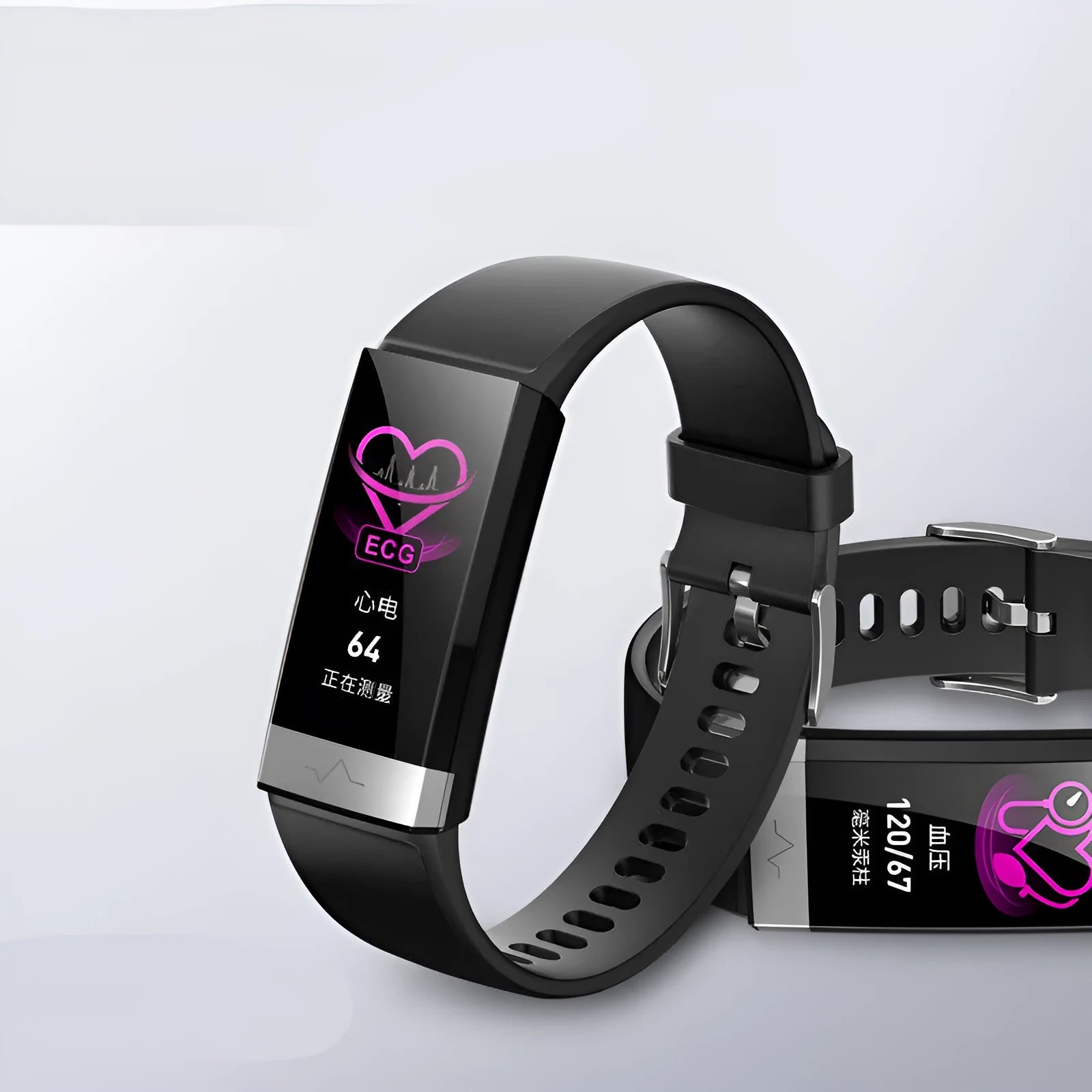 V19 smart fitness bracelet in black, showing display with health metrics on a wrist.