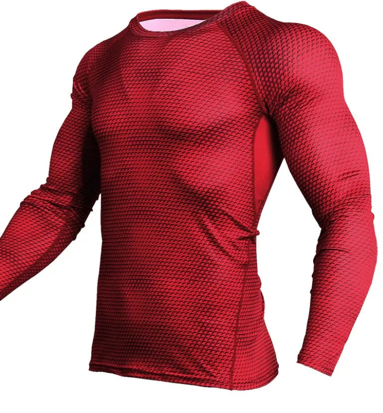 Men's compression running shirt in blue with O-neck and long sleeves for gym training
