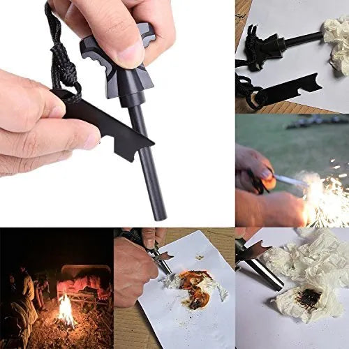 Black outdoor survival tool set box with compass, whistle, fire stick, carabiner, rope, and fishing accessories arranged on surface