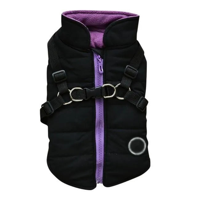 Dog zipper jacket with front zipper and leash harness opening in black