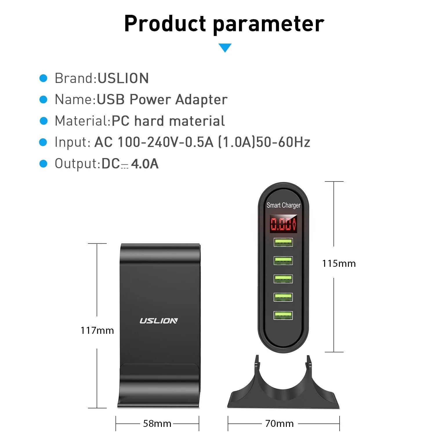 Black and white smart USB charger with LED digital display, showing EU, UK, and US plug variants.