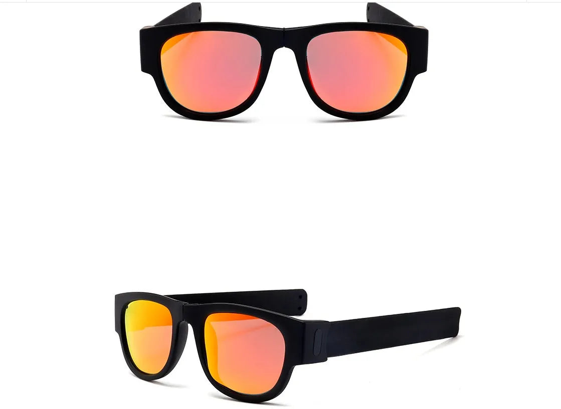 Folding bracelet sunglasses with polarized UV400 resin lens on wrist, black colour