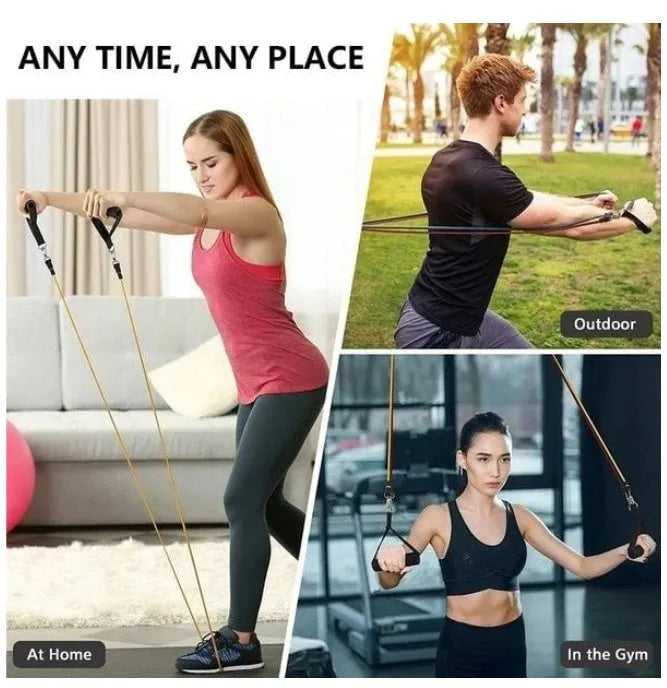 Rally resistance band set with latex ropes handles foot rings and door buckle on black storage bag