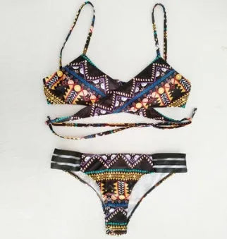 Women's ethnic print sexy bikini with cross straps and chest pads