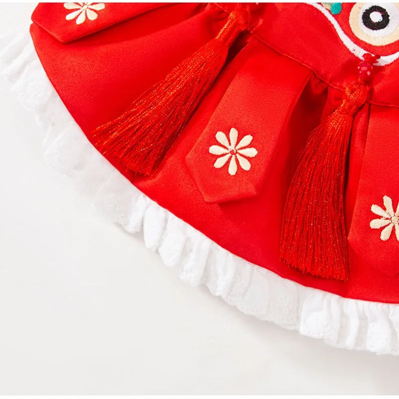 Lion Dance Pet Outfit red cotton-padded dog costume with embroidery and tassels for New Year
