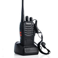 H777 black civil walkie talkie with Li-ion battery and antenna on plain background