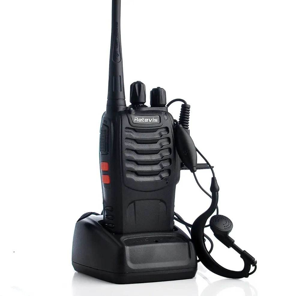H777 black civil walkie talkie with Li-ion battery and antenna on plain background