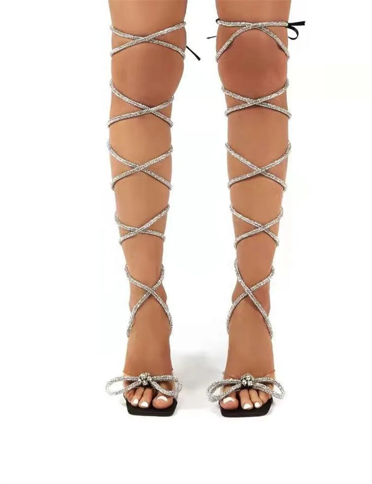 Plus size women's strappy sandals with rhinestone ankle straps and square toe