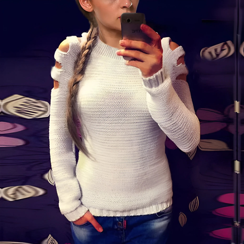 Grey women's knitted shirt with round neck and crocheted hollow-out detail on long sleeves