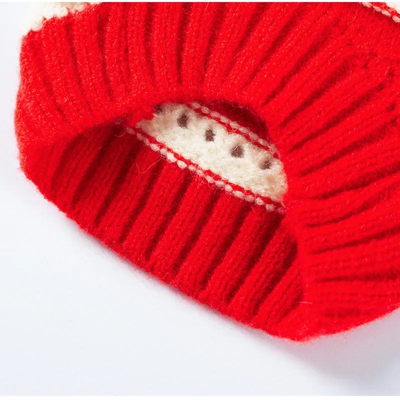 Red knitted cherry pet sweater with white stripes and 3D cherry embroidery for small dogs and cats