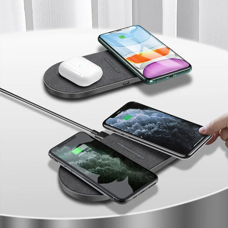 Black dual wireless charging station with two 10W charging pads showing indicator lights