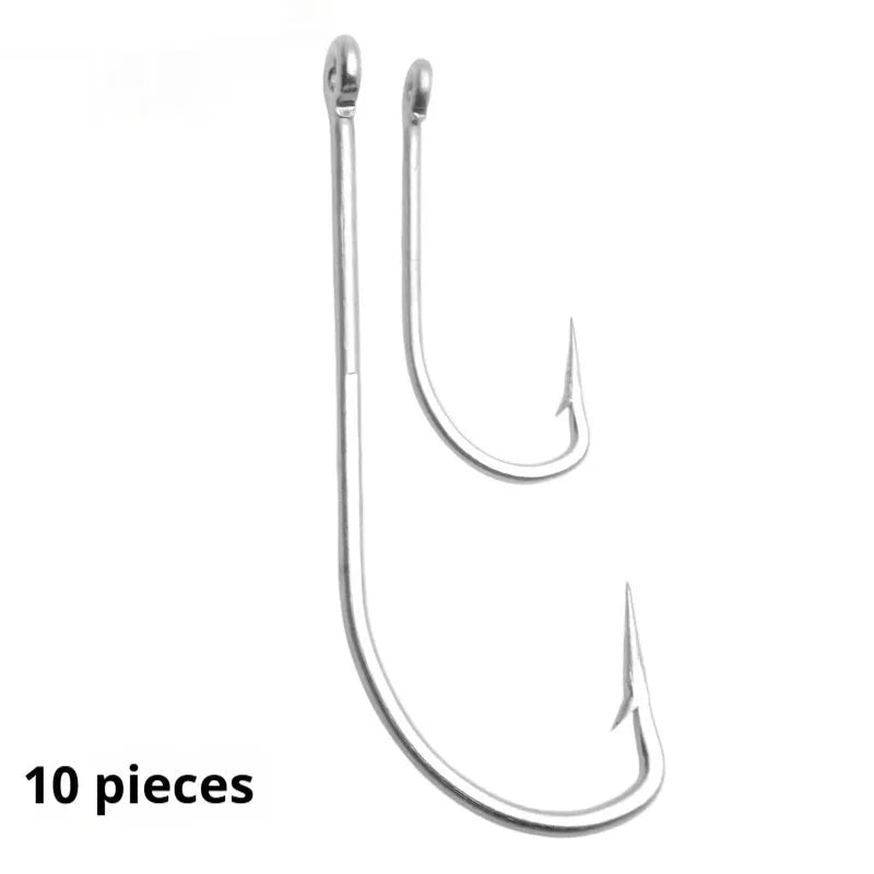 Assortment of multi-specification stainless steel alloy fishhooks for sea fishing.