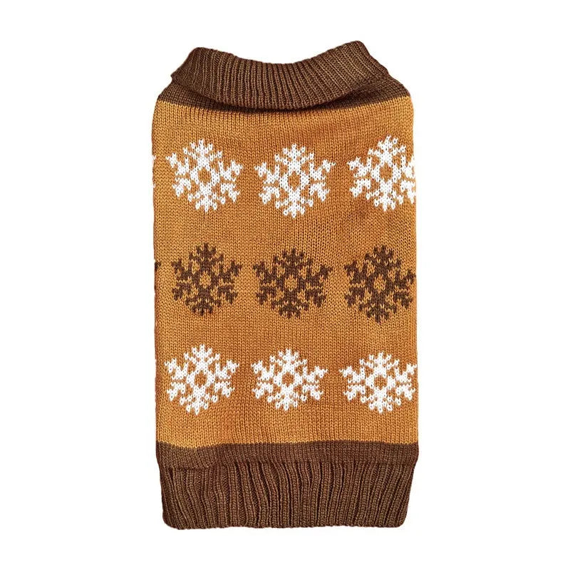 Grey knitted dog Christmas sweater with snowflake pattern showing size range from XXS to XL