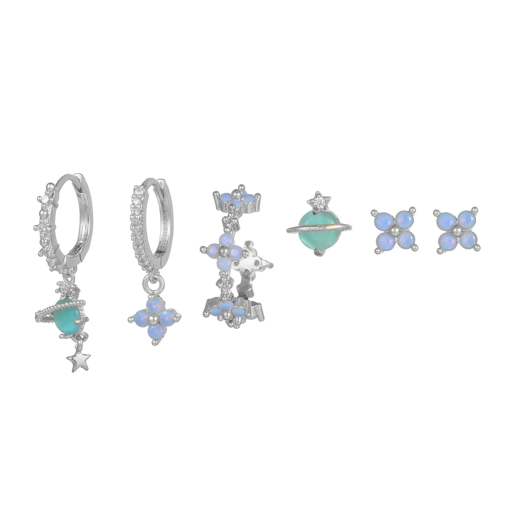 Gold and silver flower stud earrings with zircon detail in Japanese Korean sweet girl style.