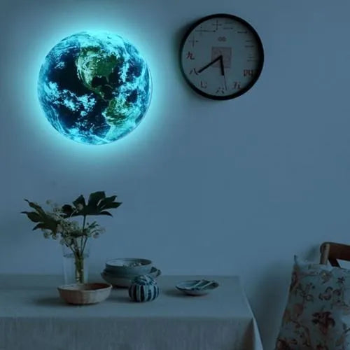 Glow in the dark 3D Earth planet wall sticker in various sizes on a dark background