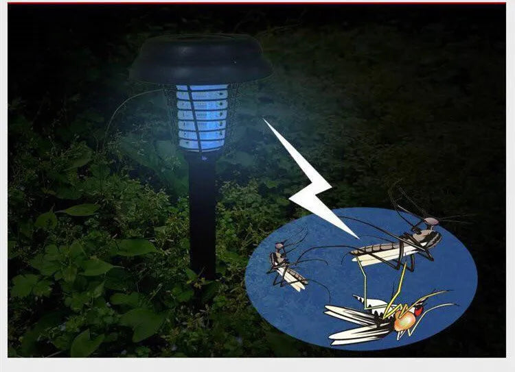 Black solar mosquito lamp with UV purple light and white light LEDs for garden insect control