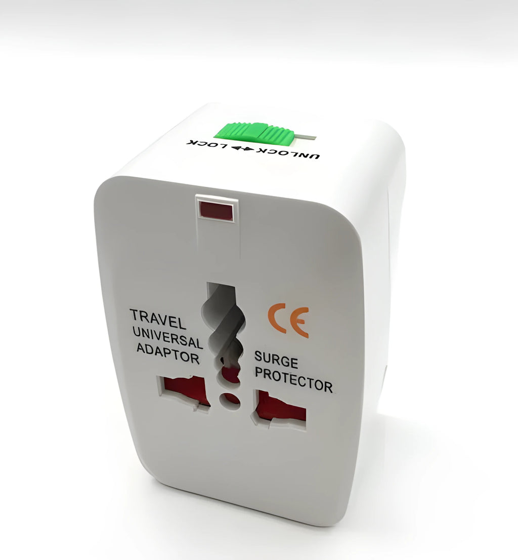Universal travel adapter plug with multiple sockets on a white background.