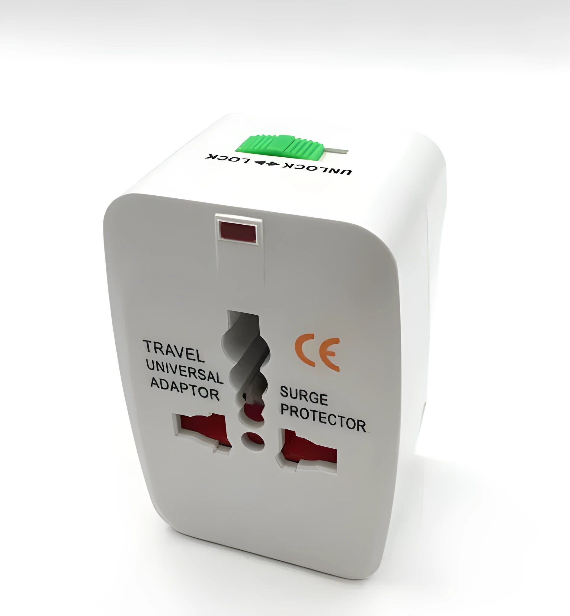 Universal travel adapter plug with multiple sockets on a white background.