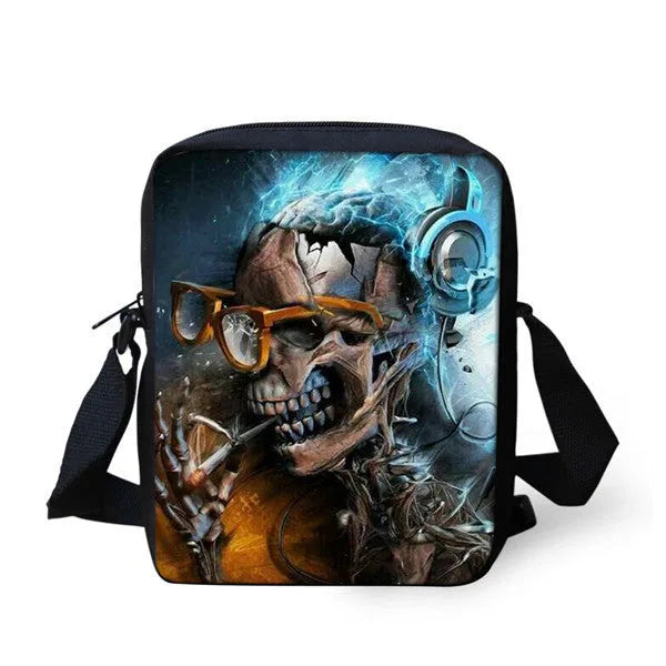 Medium-sized children's messenger bag with skull patterns in various colours showing double straps and zipper opening