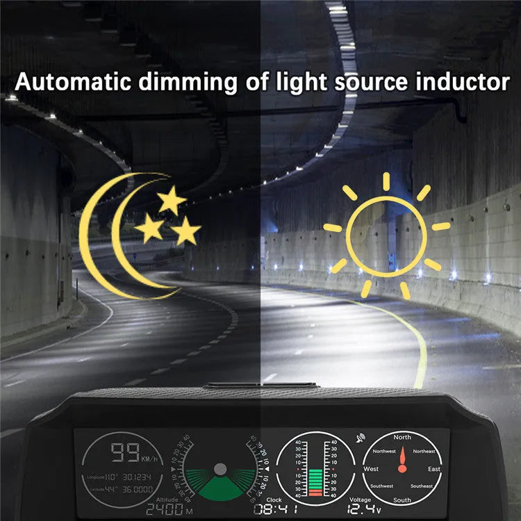 GPS GO 2 black car heads-up display showing speed, gradient angles, and compass on a colour LCD screen.