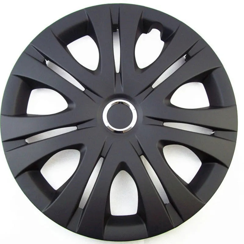 Universal black ABS plastic wheel hub cover for car, shown next to a 15-inch silver version