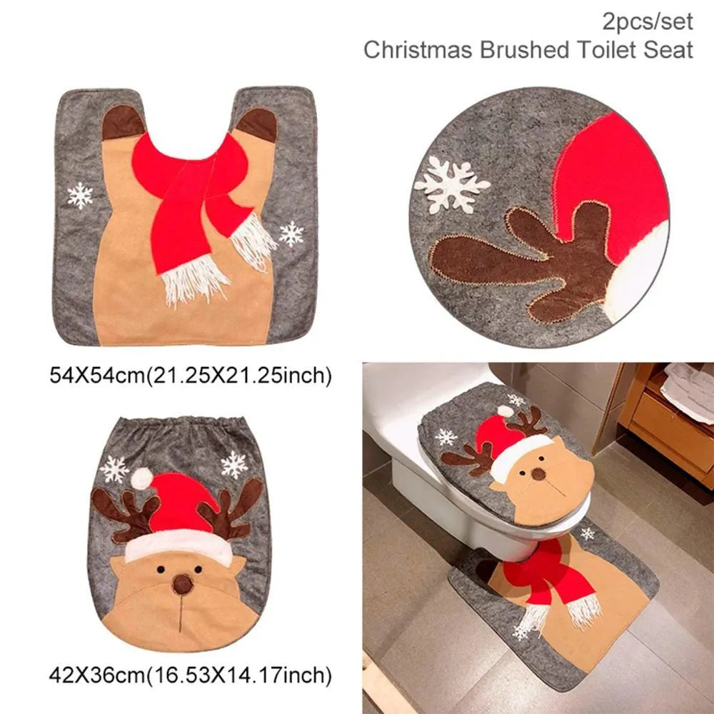 Christmas bathroom decoration set with flannel fabric toilet cover, floor mat, and Santa Claus design