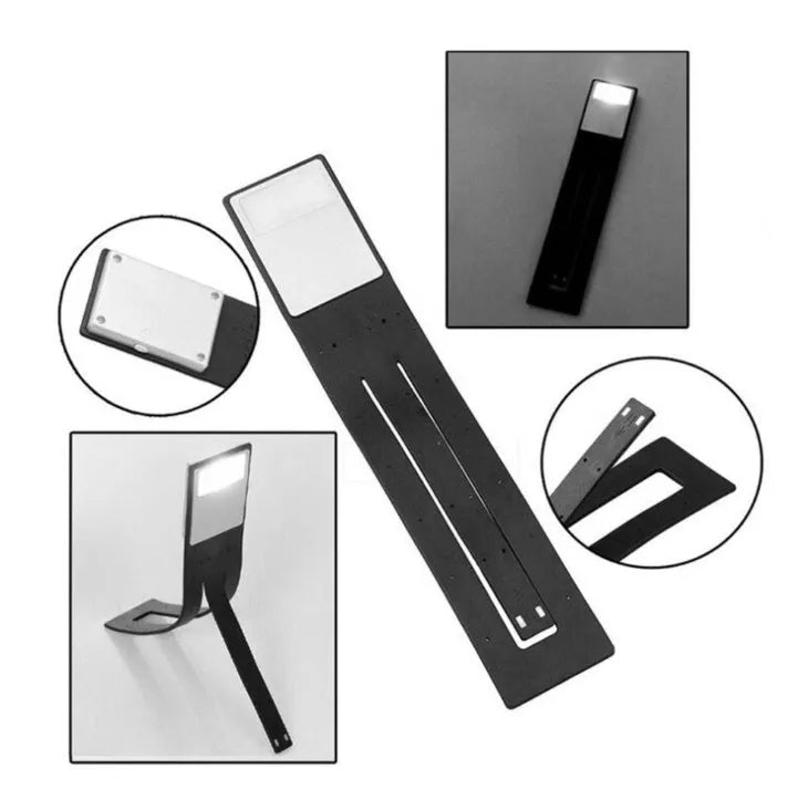 Folding LED book light, black plastic, 205x40x9mm, USB rechargeable, frosted panel, for Kindle reading