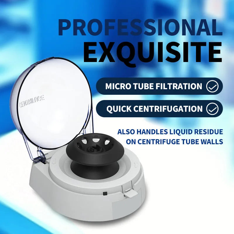 Mini laboratory centrifuge with compact 157x170x120mm dimensions and 7000 RPM speed capability