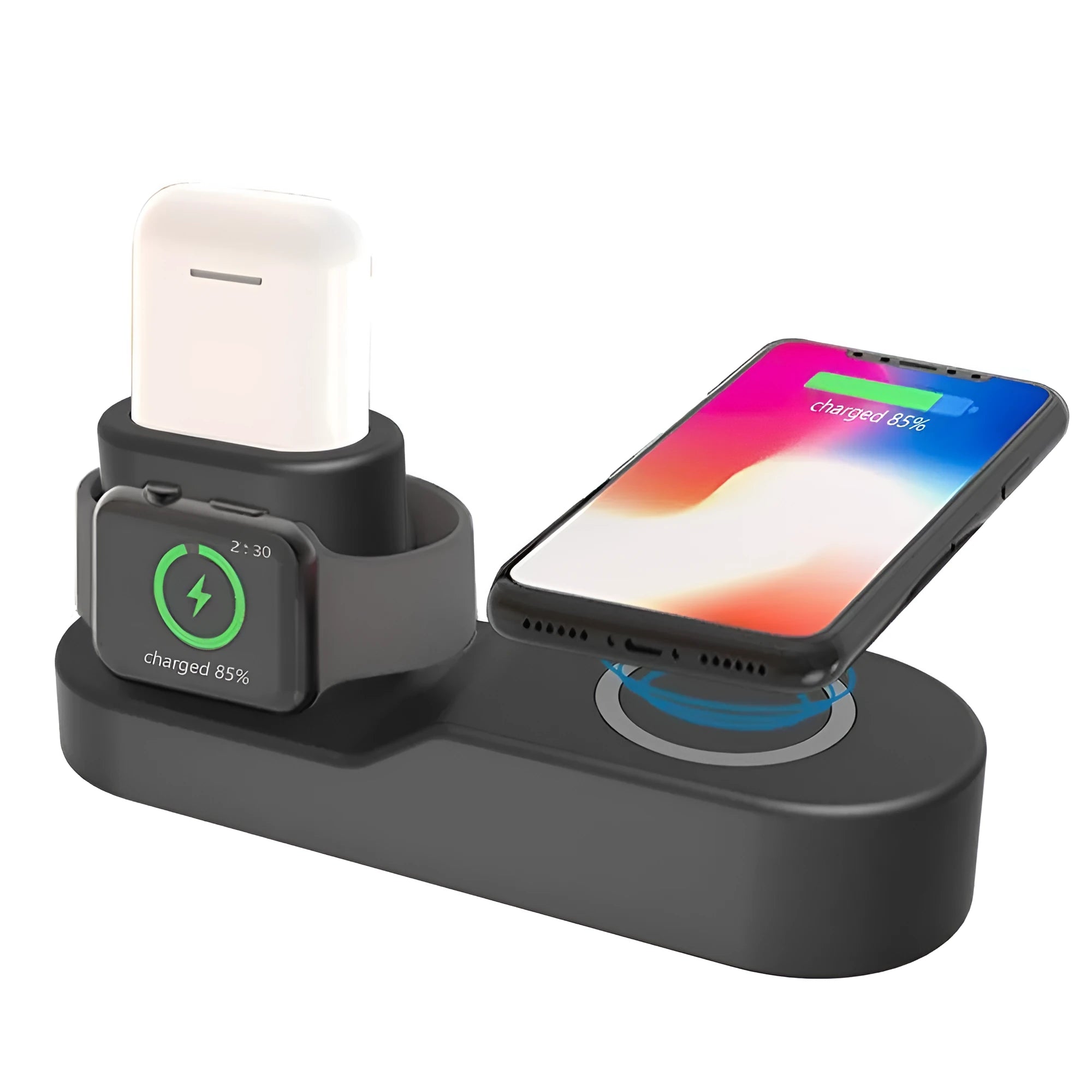 W3 wireless charging station showing phone, Apple Watch and earphones charging simultaneously on a black unit.