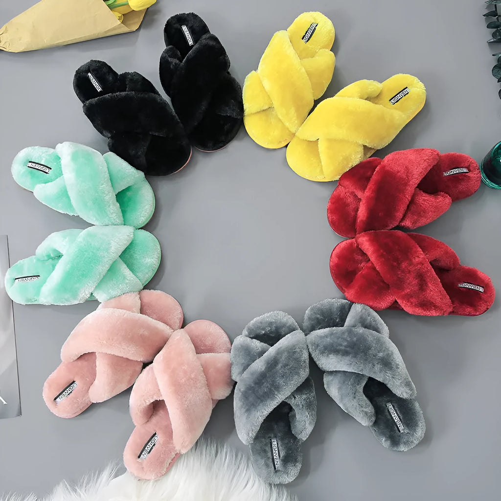 Women's cross open-toe fur slippers in black with non-slip patterned sole