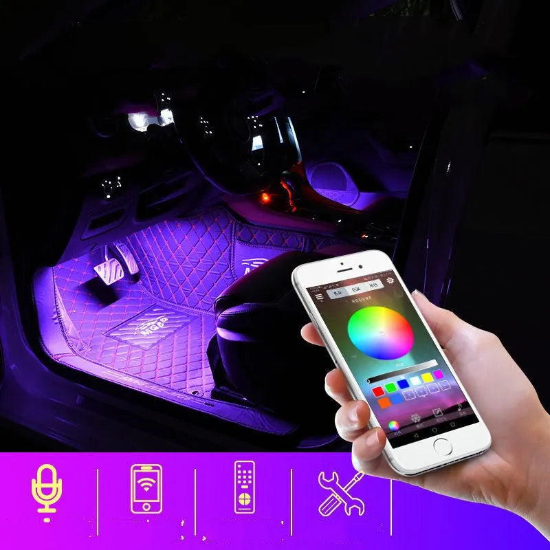 USB Car Interior Atmosphere Light Music Rhythm Voice Control 12V 5V Ambient Strip with App Remote Sound Control for General Vehicle Interior Modification Colourful LED Lighting