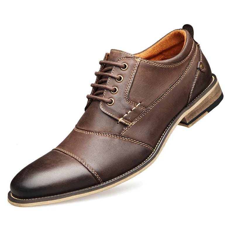 Men's leather lace-up casual shoes with cowhide upper and rubber sole in brown
