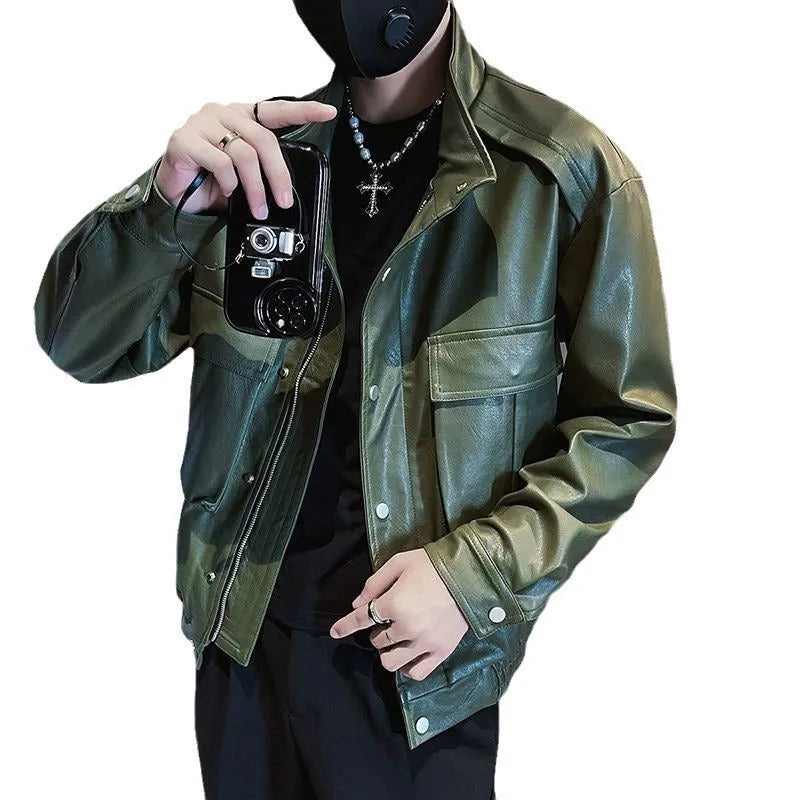 Men's black PU leather pilot jacket with straight hem and side pockets, Korean style.
