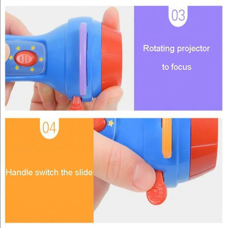 SmartKids handheld story projector torch with clip-on discs projecting fairy tale images on a wall.