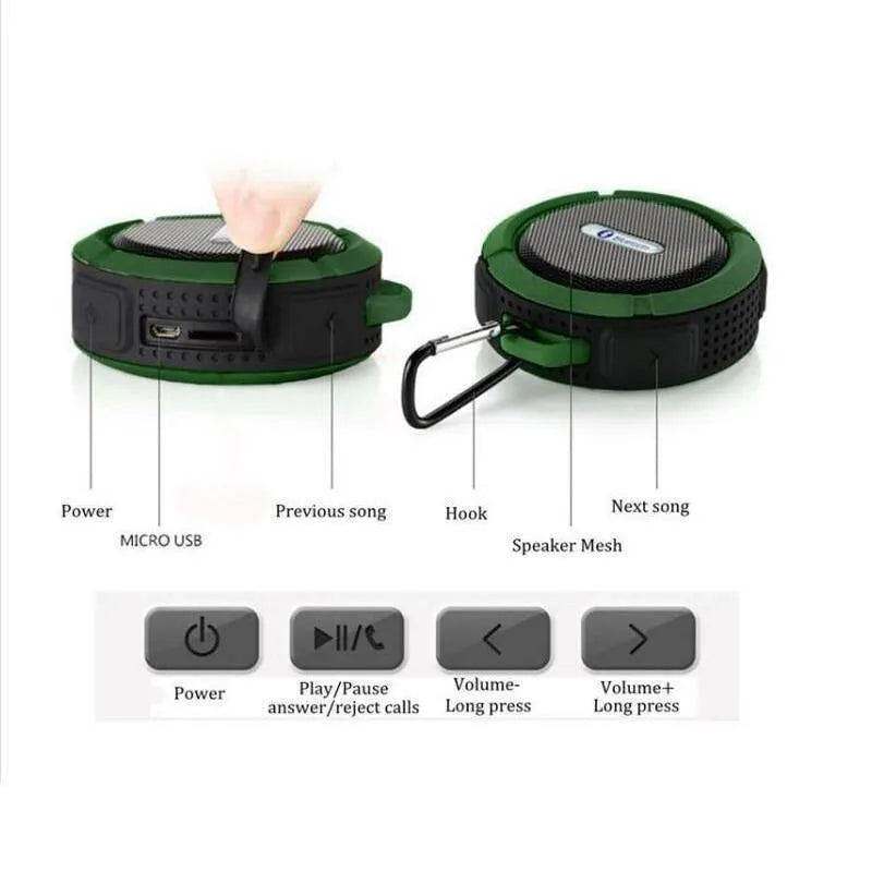 Waterproof speaker in black, 98x88x45mm, with 3W dual output and 500mAh battery