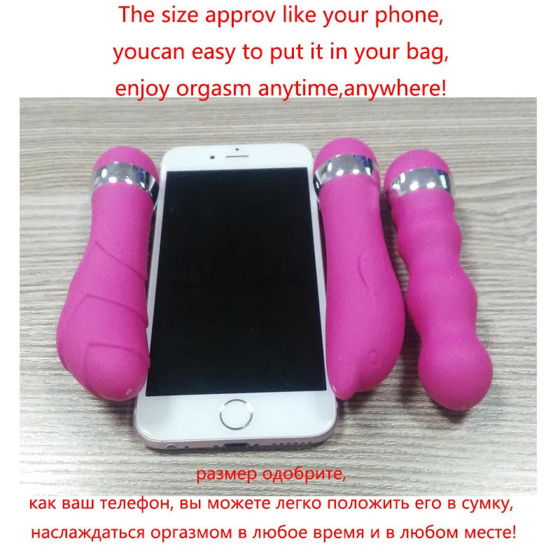 Six different styles of a mini realistic dildo vibrator for women on a plain background.