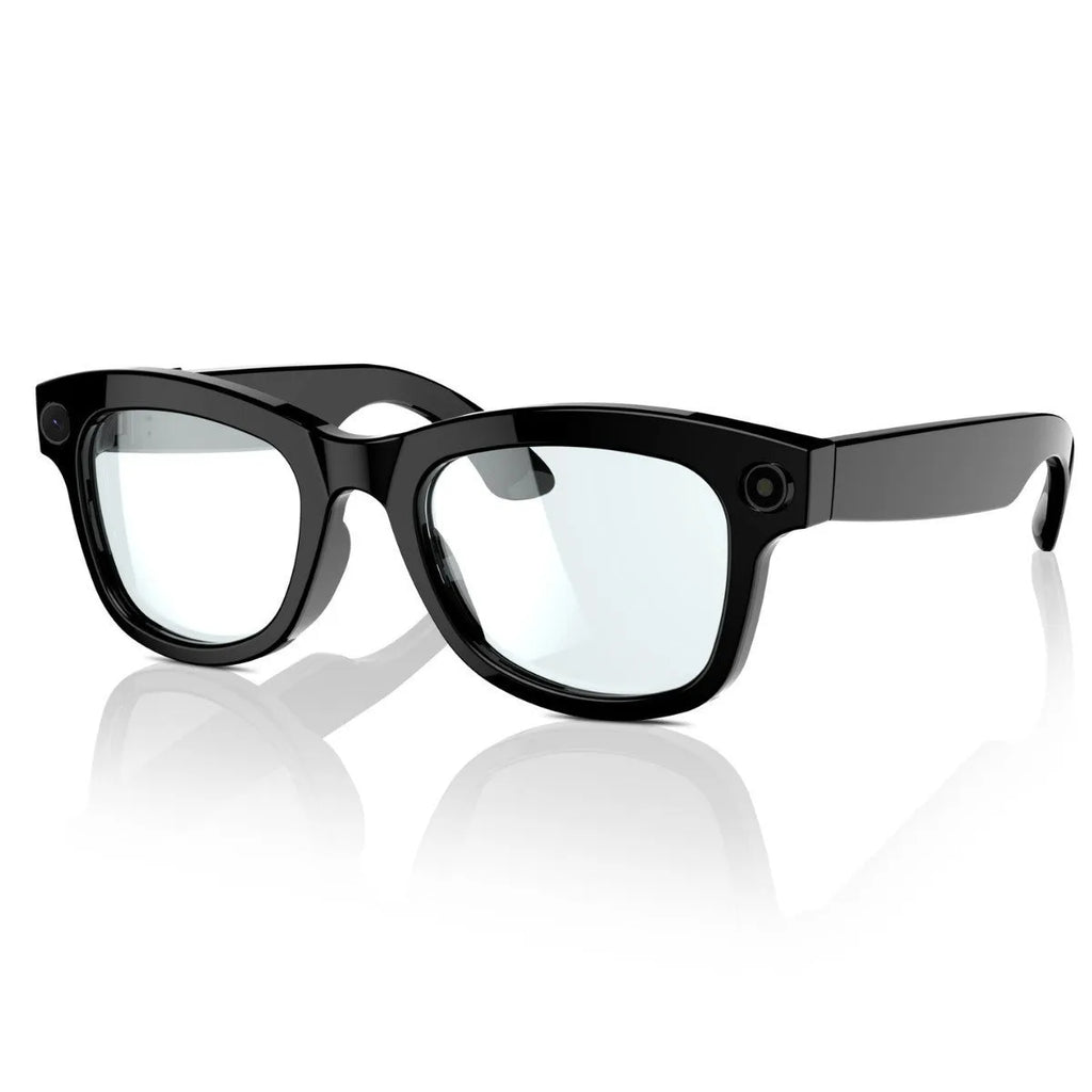 M01 black and transparent lens HD camera AI translation intelligent video glasses on a stand.