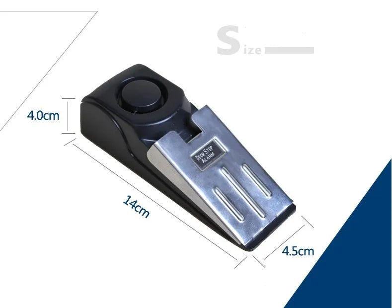 Black wedge door stop alarm with 120 dB siren, vibration sensor and stainless steel cover, for hinged doors