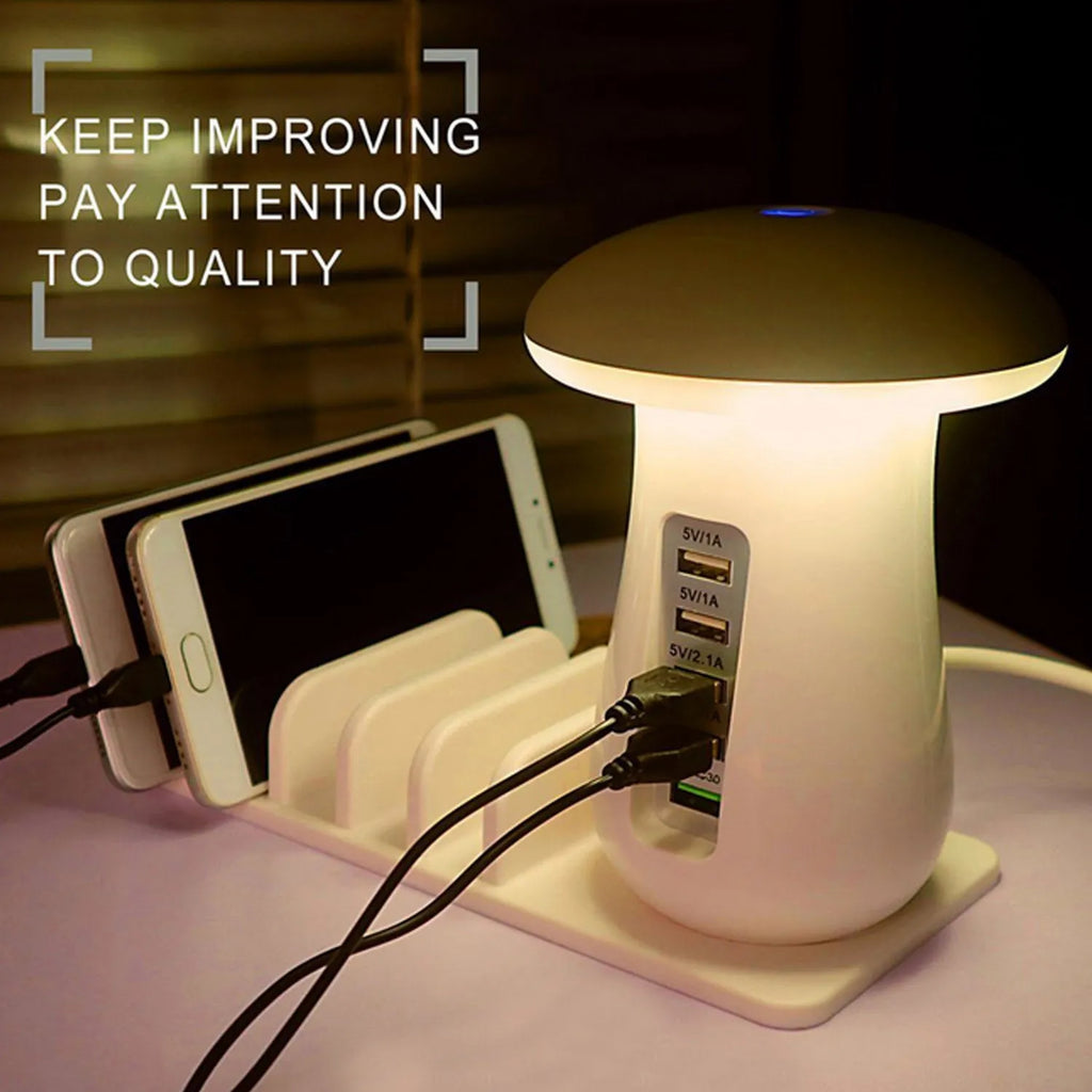 White mushroom-shaped USB charging dock station with five ports and integrated LED night light