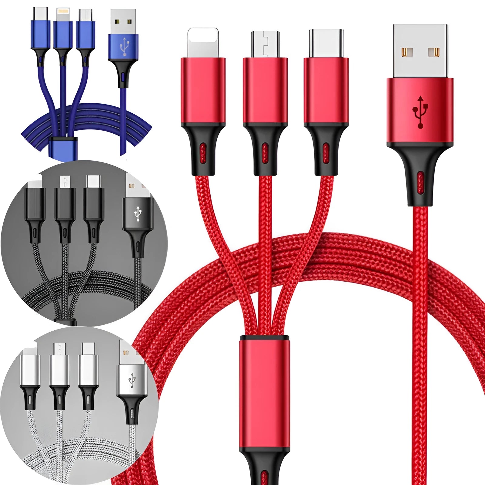 Braided 3-in-1 data cable with aluminium connectors in multiple colour options