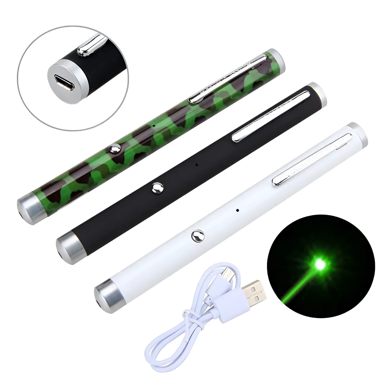 Set of three 5mw laser pointer pens showing black, camouflage, and white colour options.