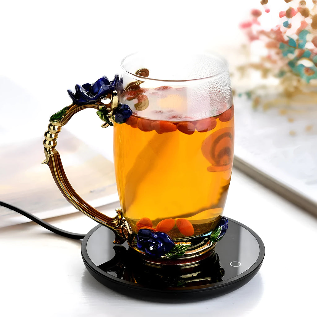 Black coffee mug warmer with 12cm diameter and temperature control switch